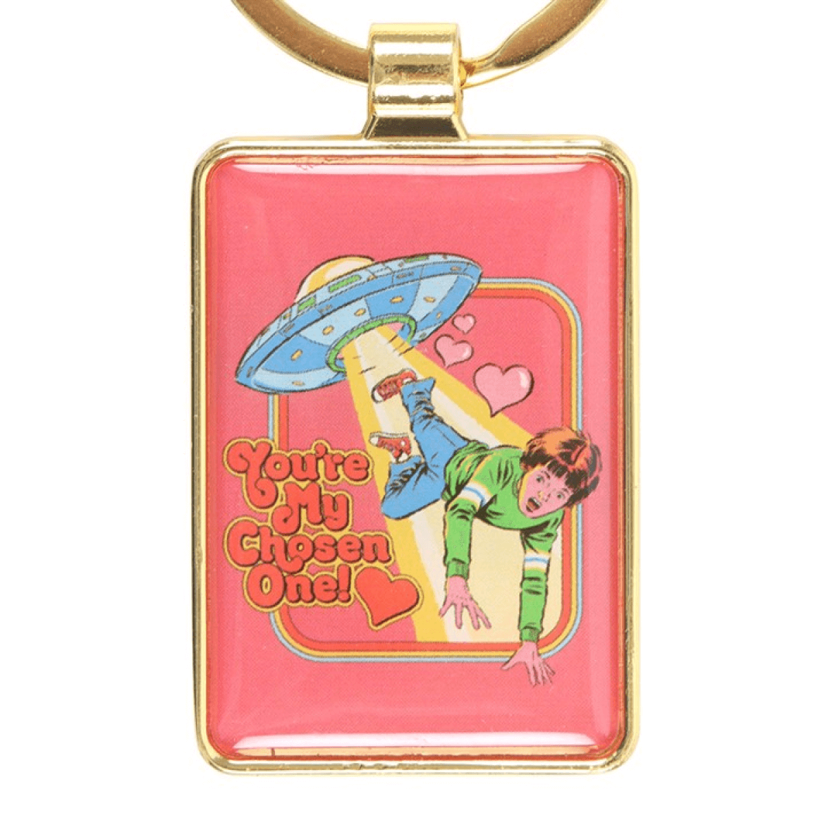 Keychain with a colorful design of a person in a green shirt and blue pants being abducted by a UFO, with text 'You're My Chosen One!' on a pink background.