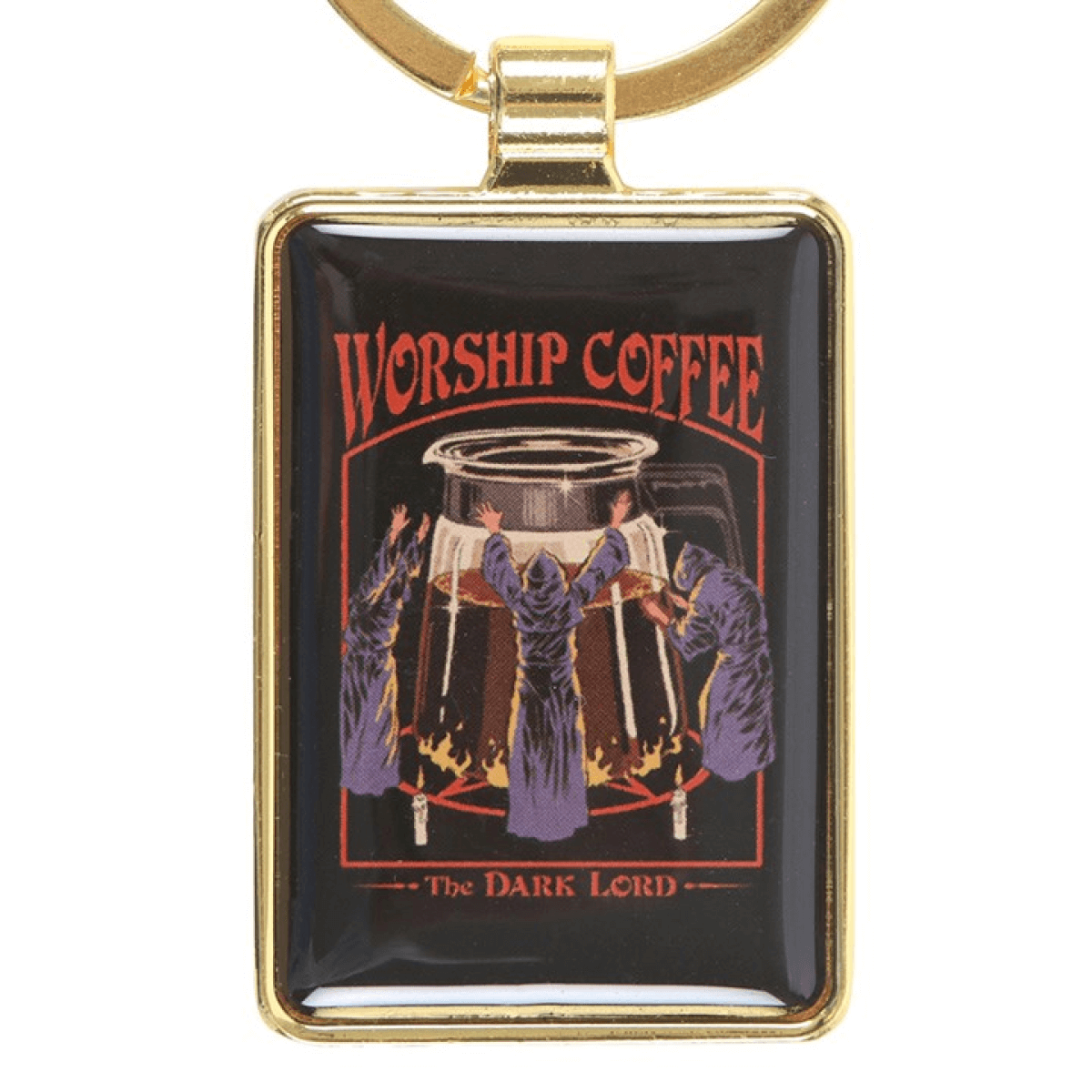 Keychain with 'Worship Coffee The Dark Lord' design on a black background