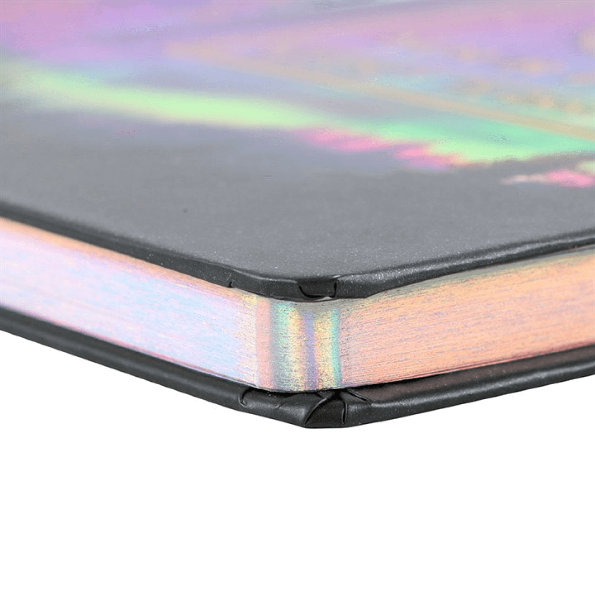 Close-up of a phone case with a colorful, iridescent design on a white background