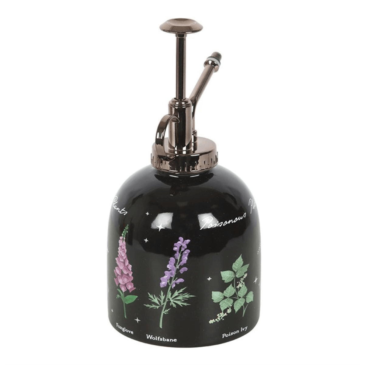 Black decorative bottle with floral designs and text on a white background
