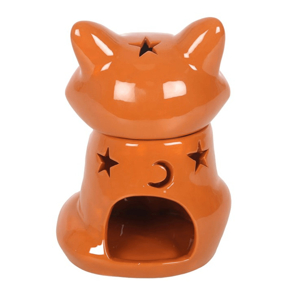Orange ceramic fox-shaped oil burner on a white background