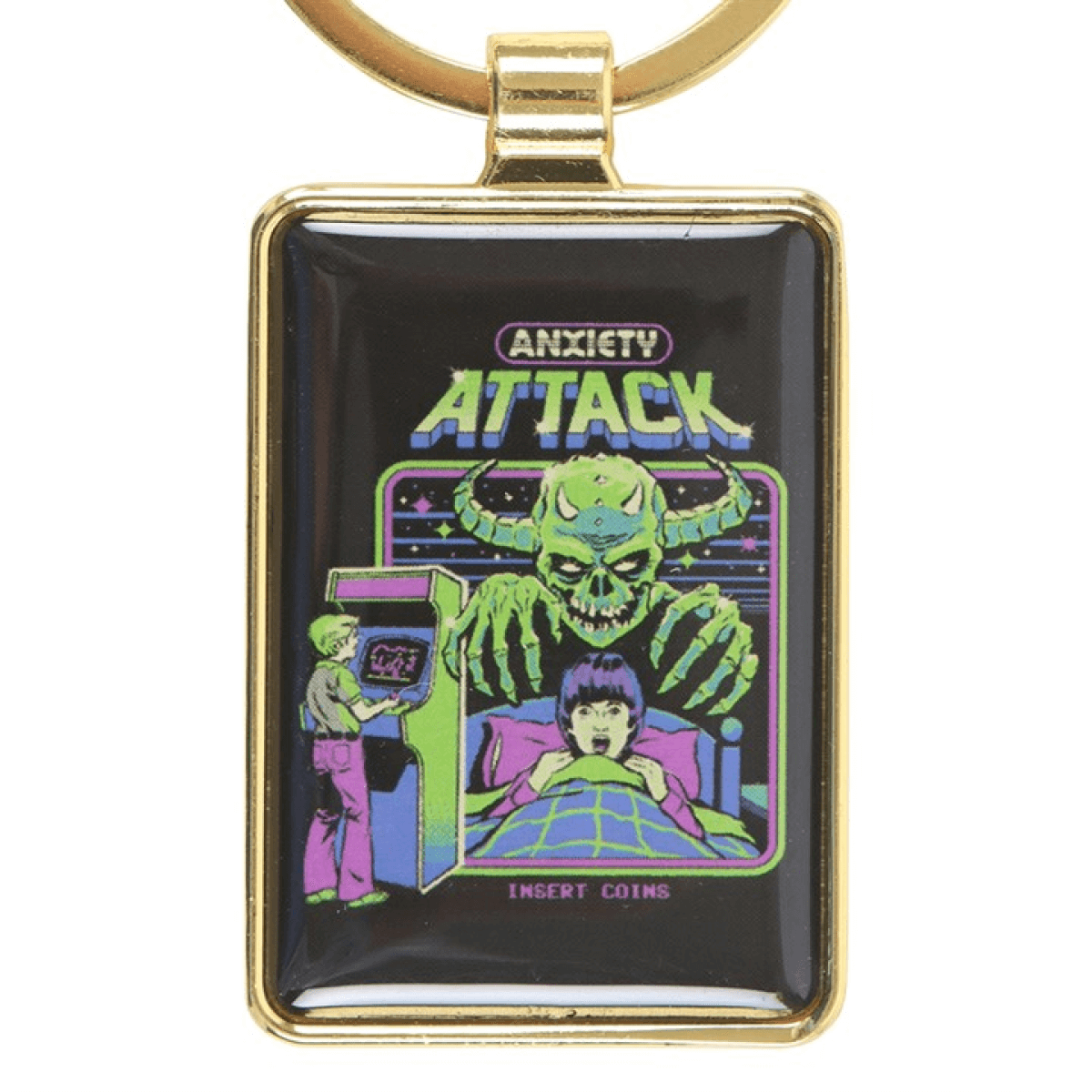 Keychain with a retro design featuring a skeleton playing an arcade game and text 'Anxiety Attack'.