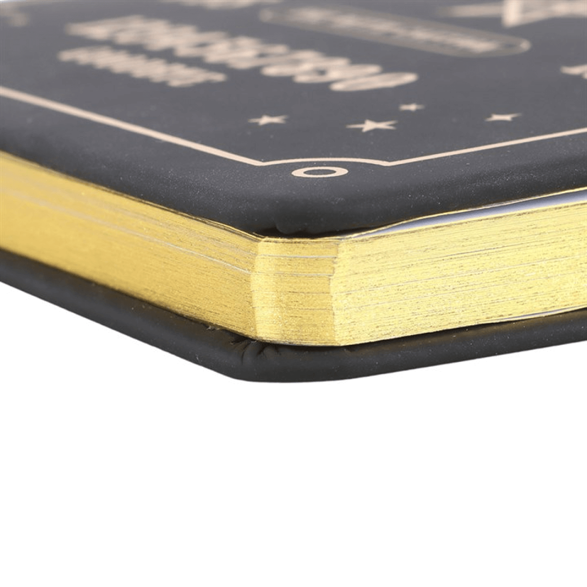 Close-up of a black book with gold edges on a white background