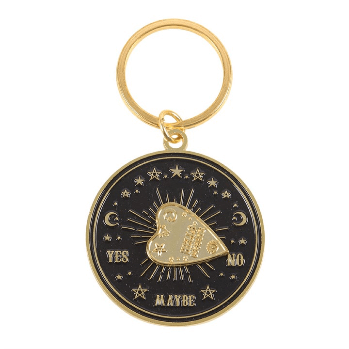 Keychain with a black and gold design featuring stars and the text 'YES', 'NO', and 'MAYBE'.
