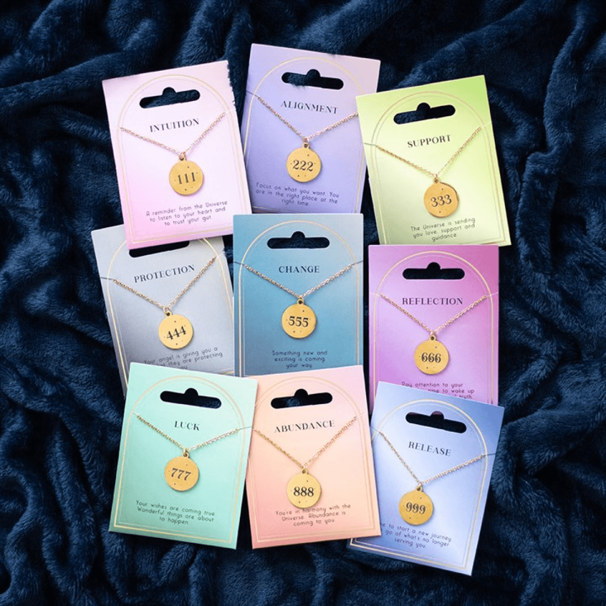 Collection of angel number necklaces including 888 Angel Number Abundance Necklace, spiritual messages for guidance.