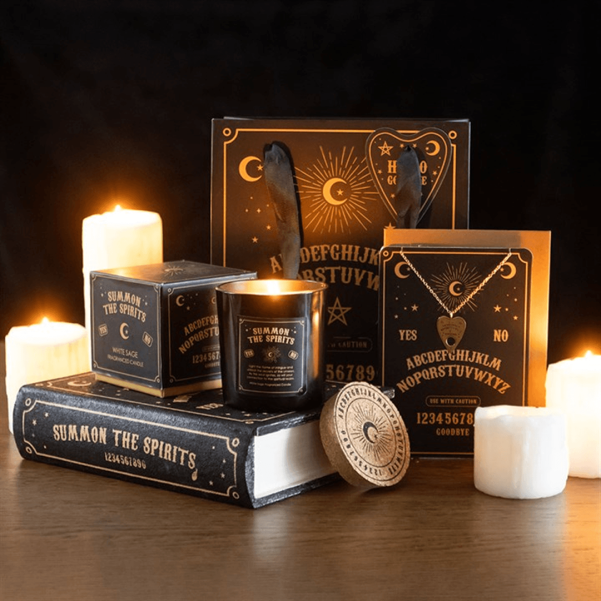 Black Talking Board Book Storage Box with candles and mystical designs, a stylish Book Storage Box for secret items.