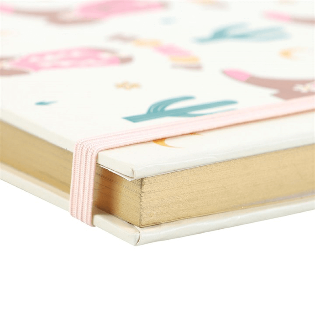 Close-up of a notebook with colorful cactus illustrations on the cover.