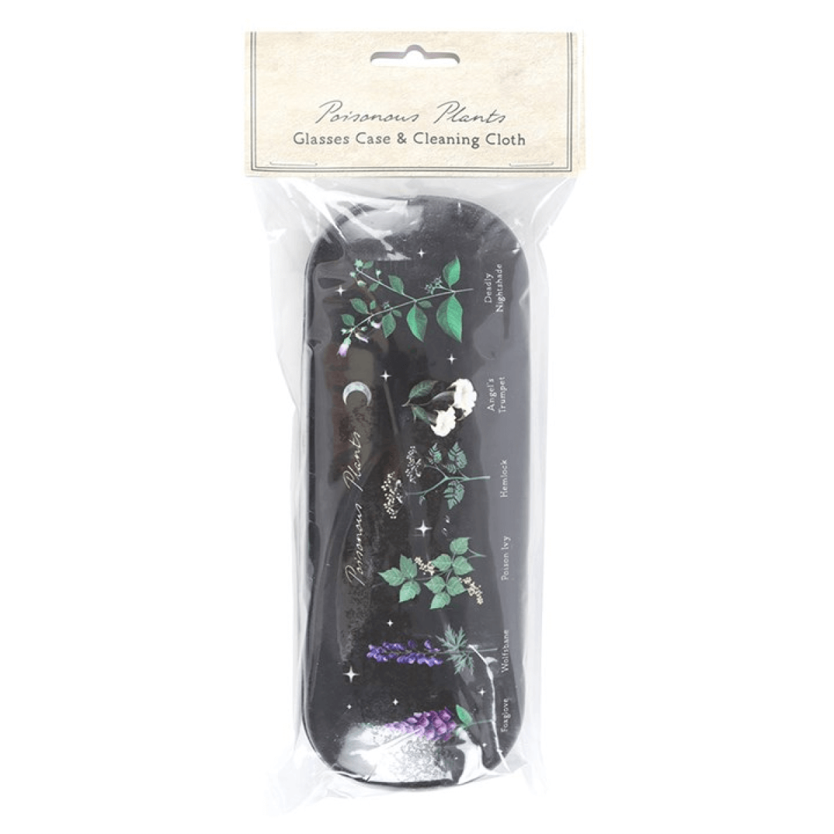 Packaged glasses case with cleaning cloth featuring botanical designs on a white background