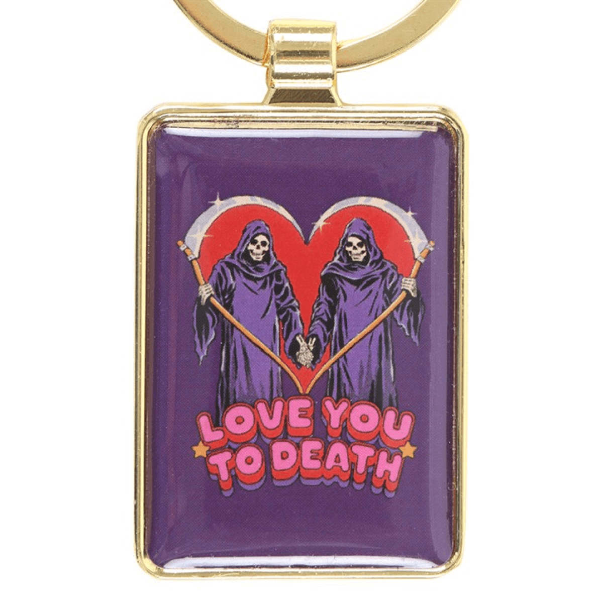 Keychain with two skeletons holding hands over a heart, surrounded by 'LOVE YOU TO DEATH' text on a purple background.