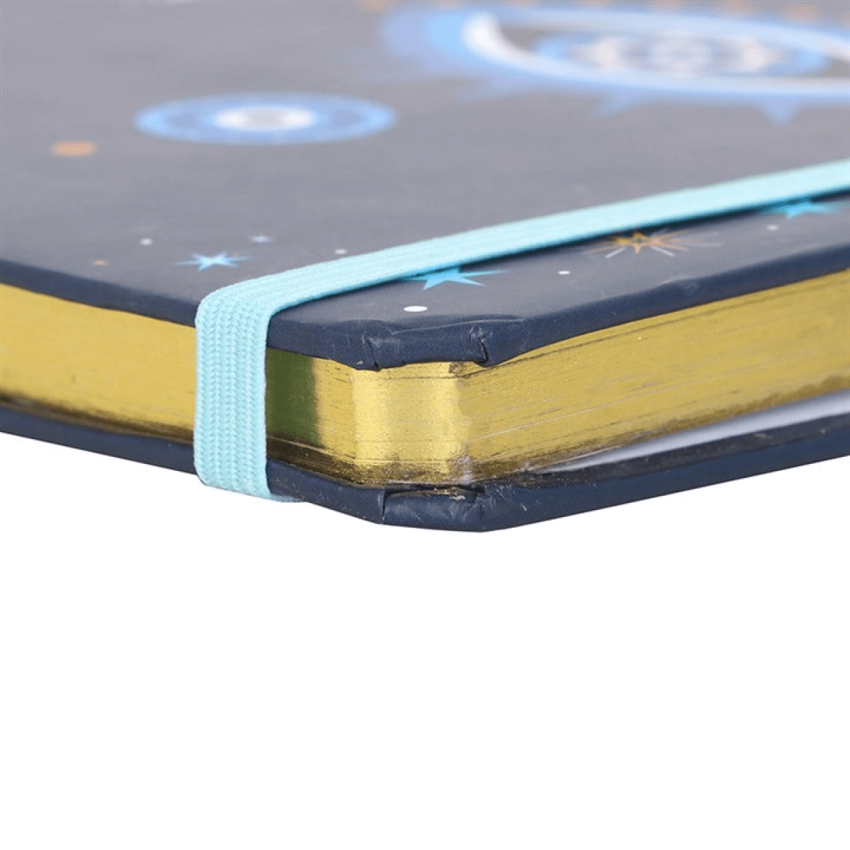 Close-up of a notebook with a blue elastic band on a white background