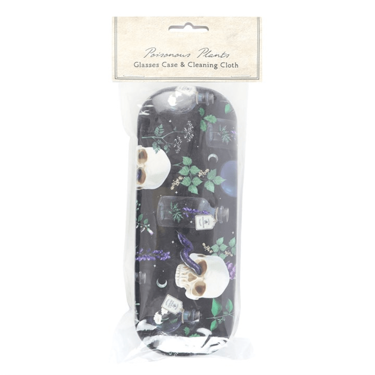 Glasses case with skull and plant design in packaging on a white background