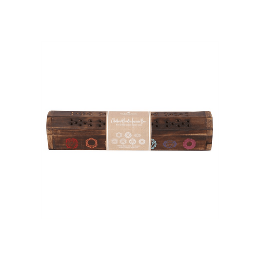 Chakra Wooden Mixed Incense Box Set featuring colorful chakra symbols and a beautiful mango wood design.