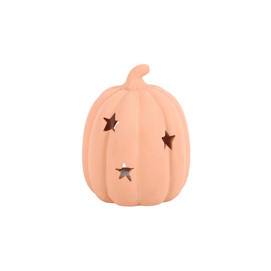 9cm terracotta pumpkin tealight holder with star cutouts, perfect for autumn and Halloween decor.