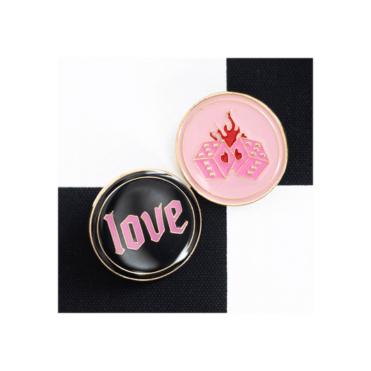 Flaming Dice and Love Pin Badge Set