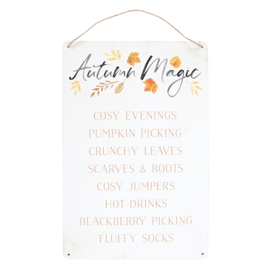 Autumn Magic Metal Hanging Sign with autumn leaves and cozy text for seasonal decor.