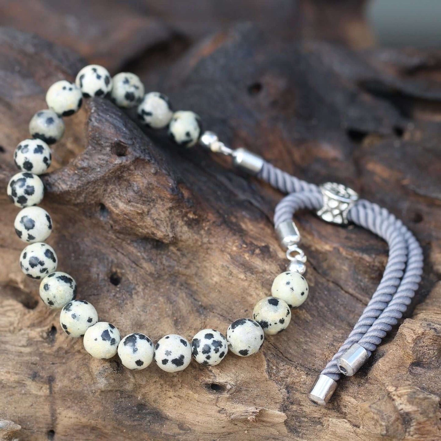 925 Silver Plated Dalmatian Jasper String Bracelet