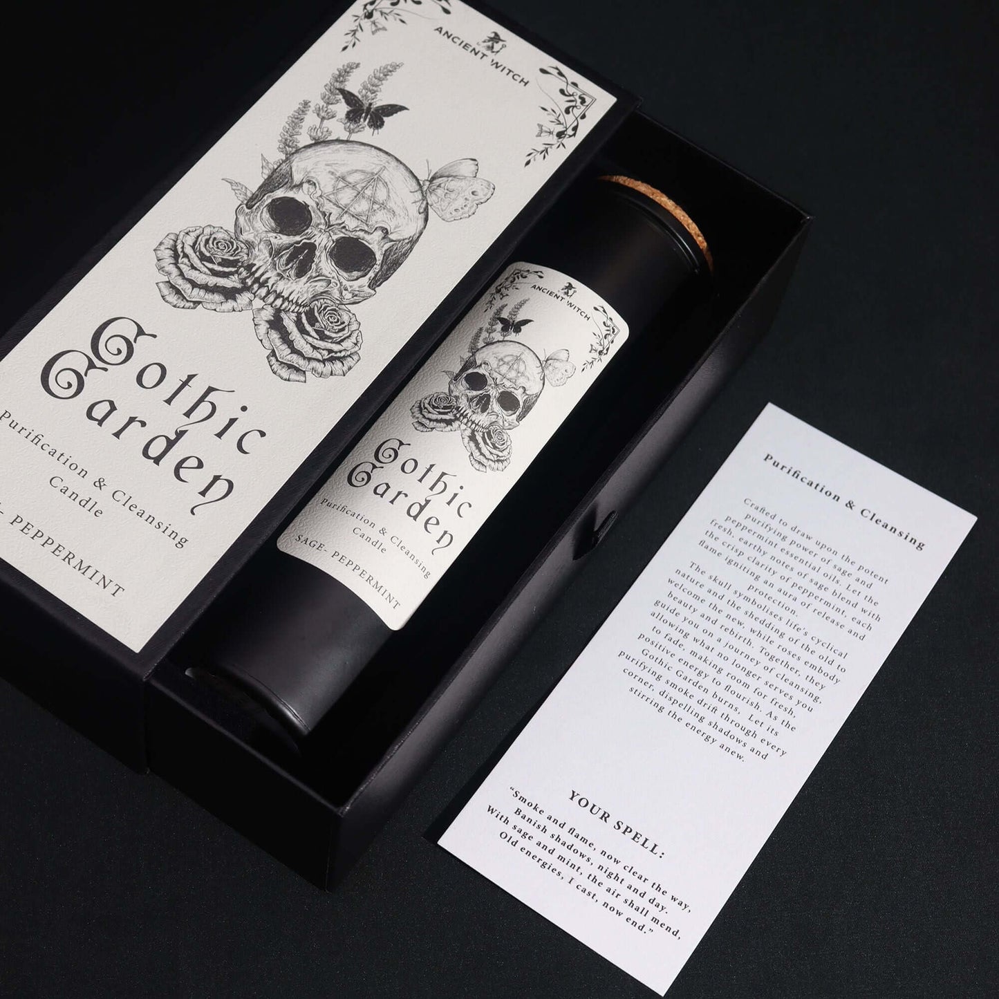 Ancient Witch Ritual Candles packaging featuring skull and rose design for cleansing rituals.