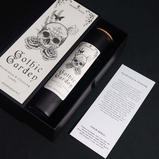 Ancient Witch Ritual Candles packaging featuring skull and rose design for cleansing rituals.