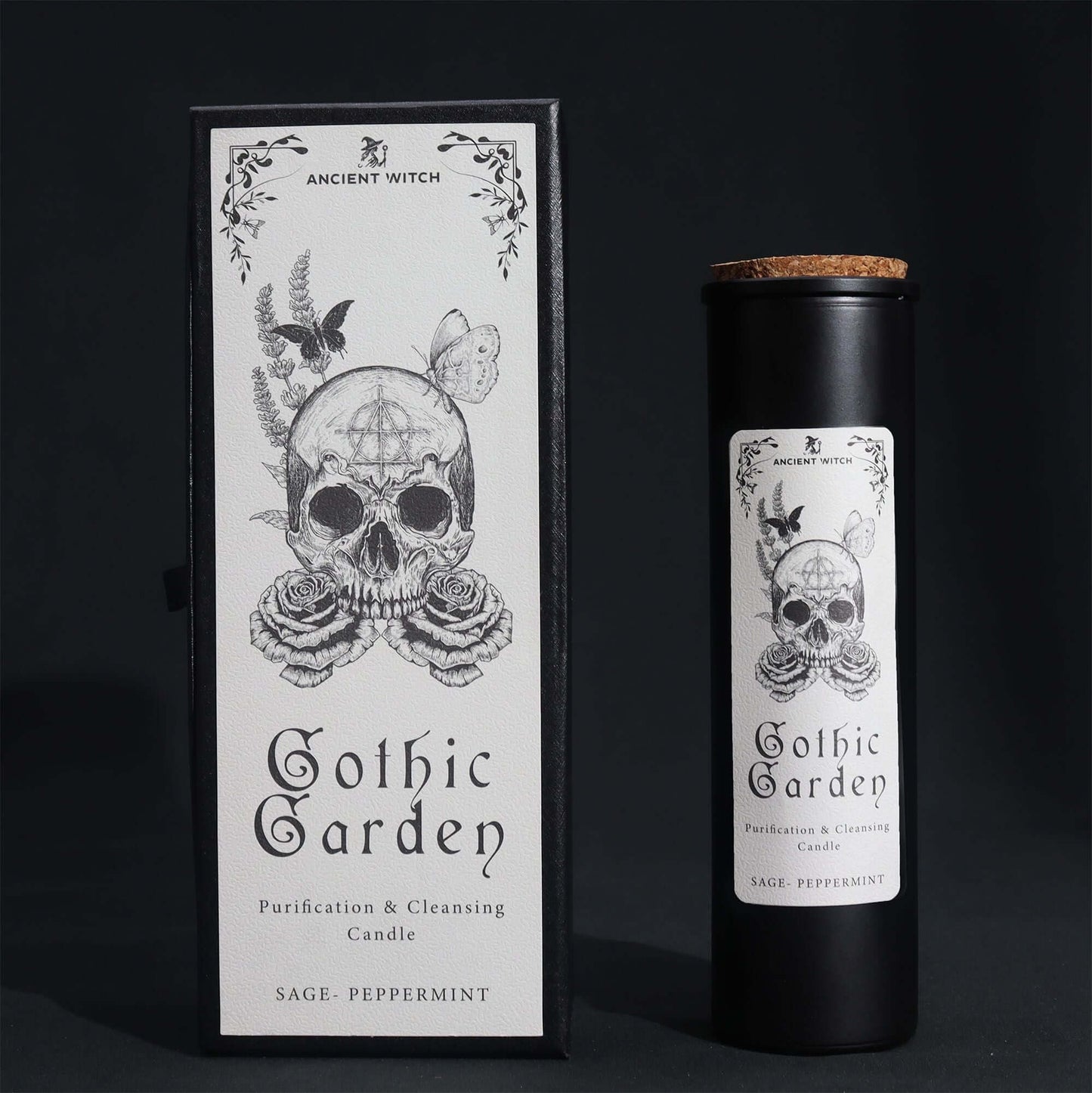 Ancient Witch Ritual Candles - Gothic Garden for cleansing and purification, featuring skull and roses design.