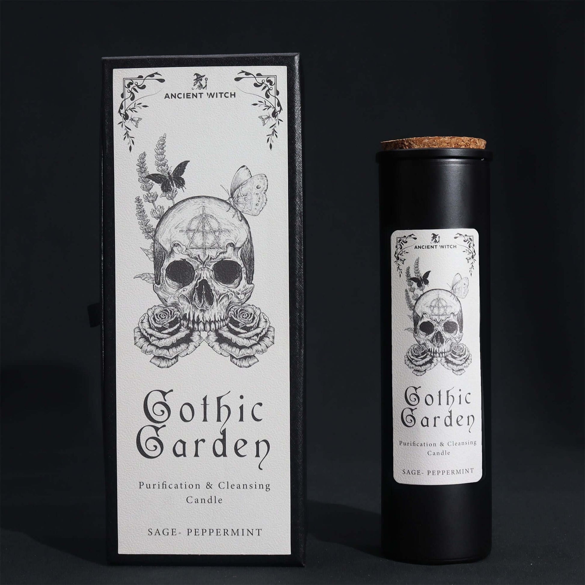 Ancient Witch Ritual Candles - Gothic Garden for cleansing and purification, featuring skull and roses design.