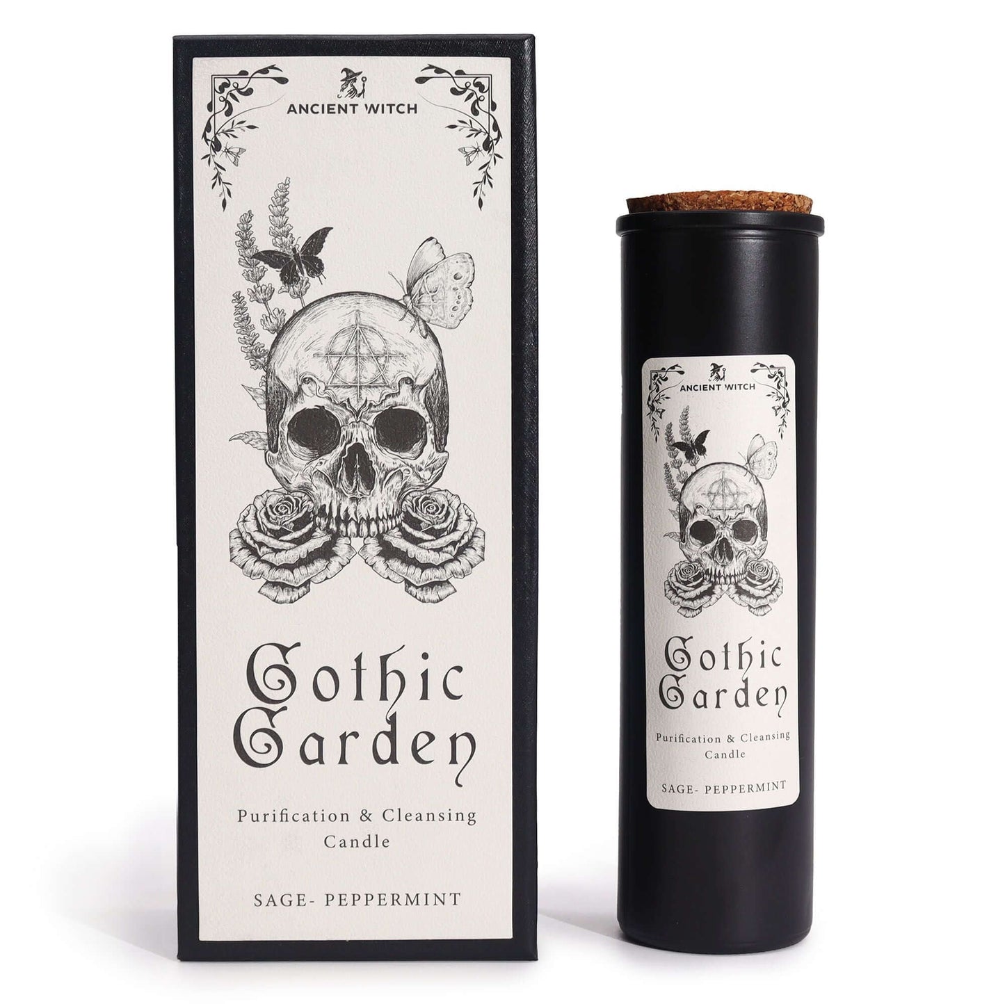Ancient Witch Ritual Candles - Gothic Garden with skull design for purification and cleansing rituals, sage and peppermint fragrance.