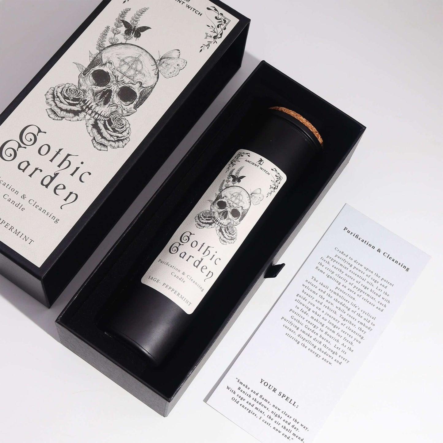 Ancient Witch Ritual Candles - Gothic Garden in stylish packaging with skull and rose design for cleansing and purification.