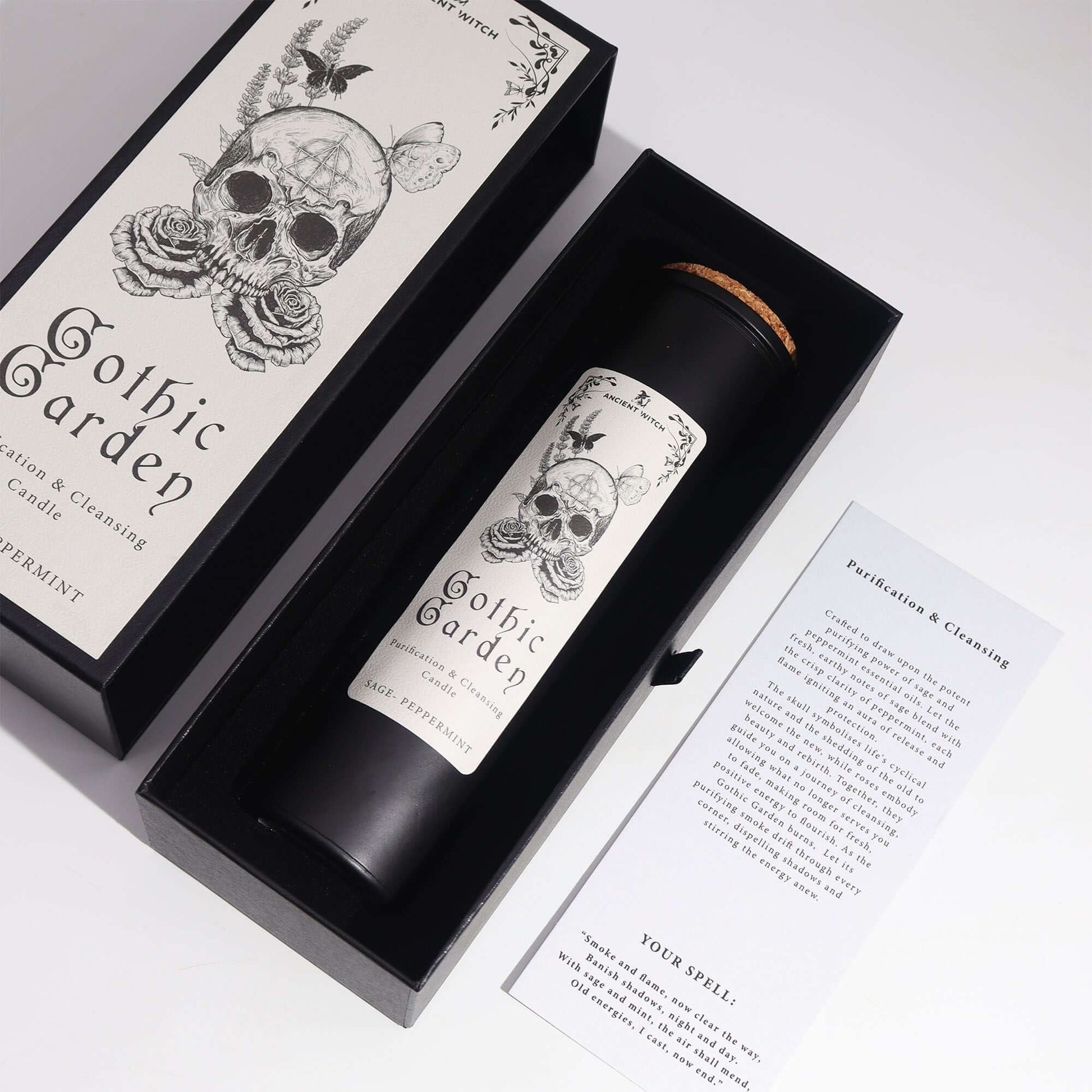 Ancient Witch Ritual Candles - Gothic Garden in stylish packaging with skull and rose design for cleansing and purification.