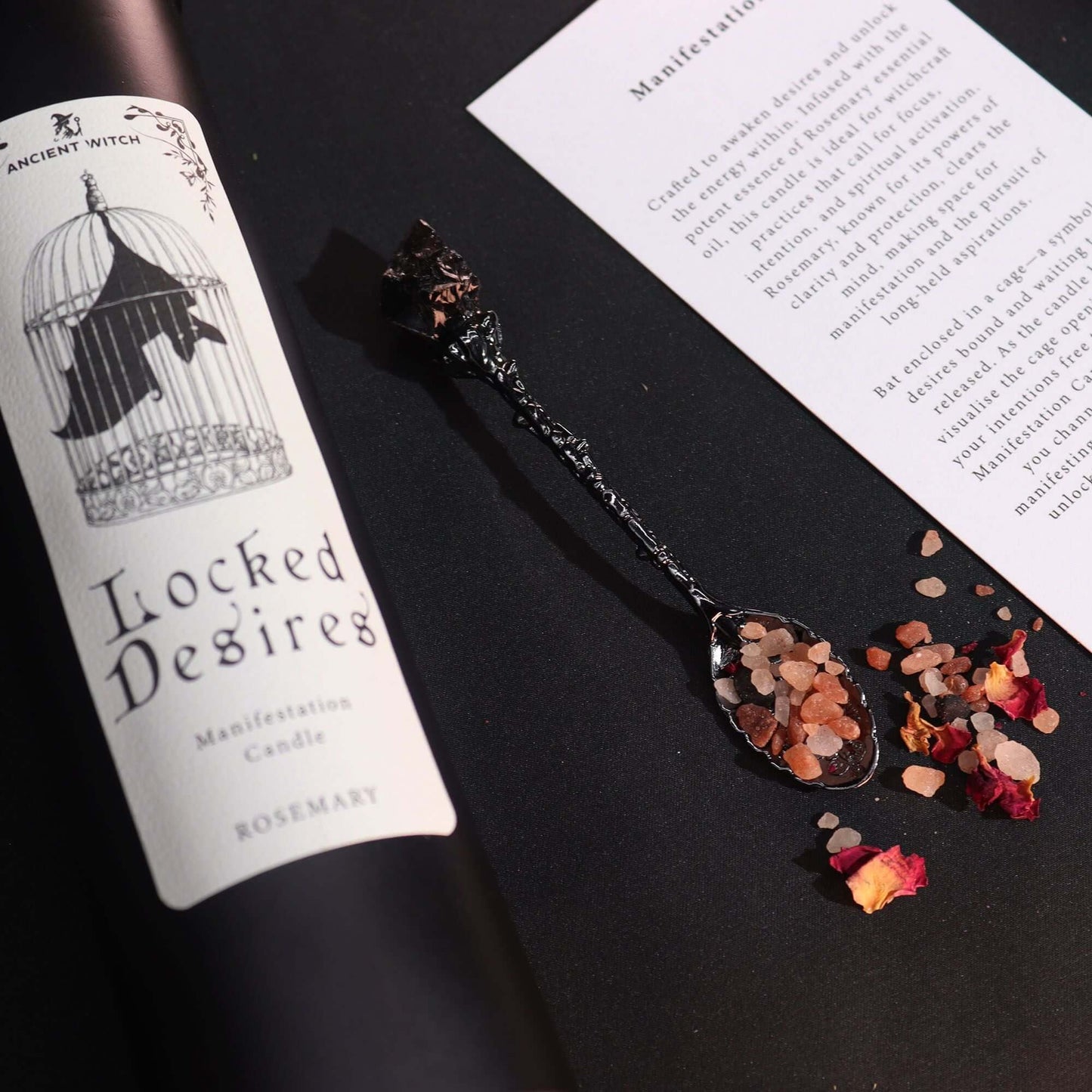 Ancient Witch Locked Desires candle with rosemary and manifestation information, featuring Ritual Candles for hidden desires.