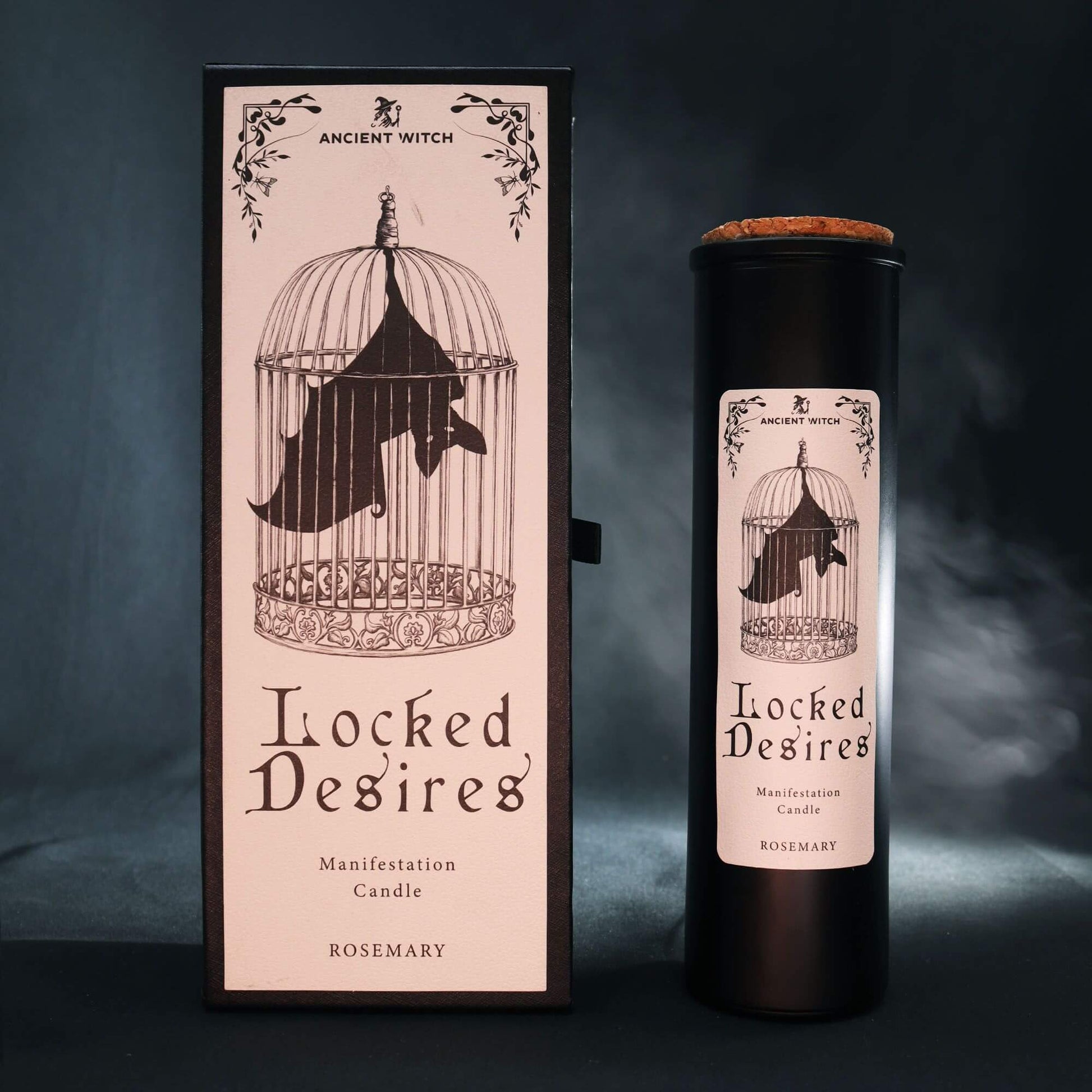 Ancient Witch Locked Desires ritual candles for manifestation, featuring a bat in a cage and rosemary fragrance.