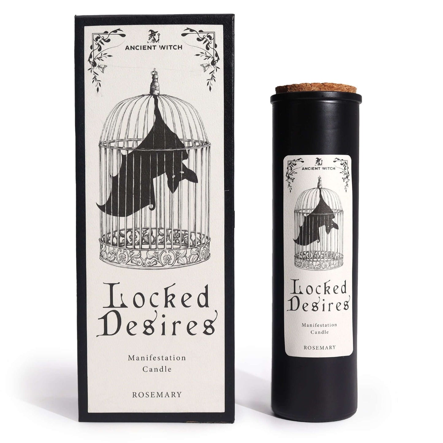 Ancient Witch Ritual Candles Locked Desires for manifestation with rosemary fragrance in a decorative packaging.