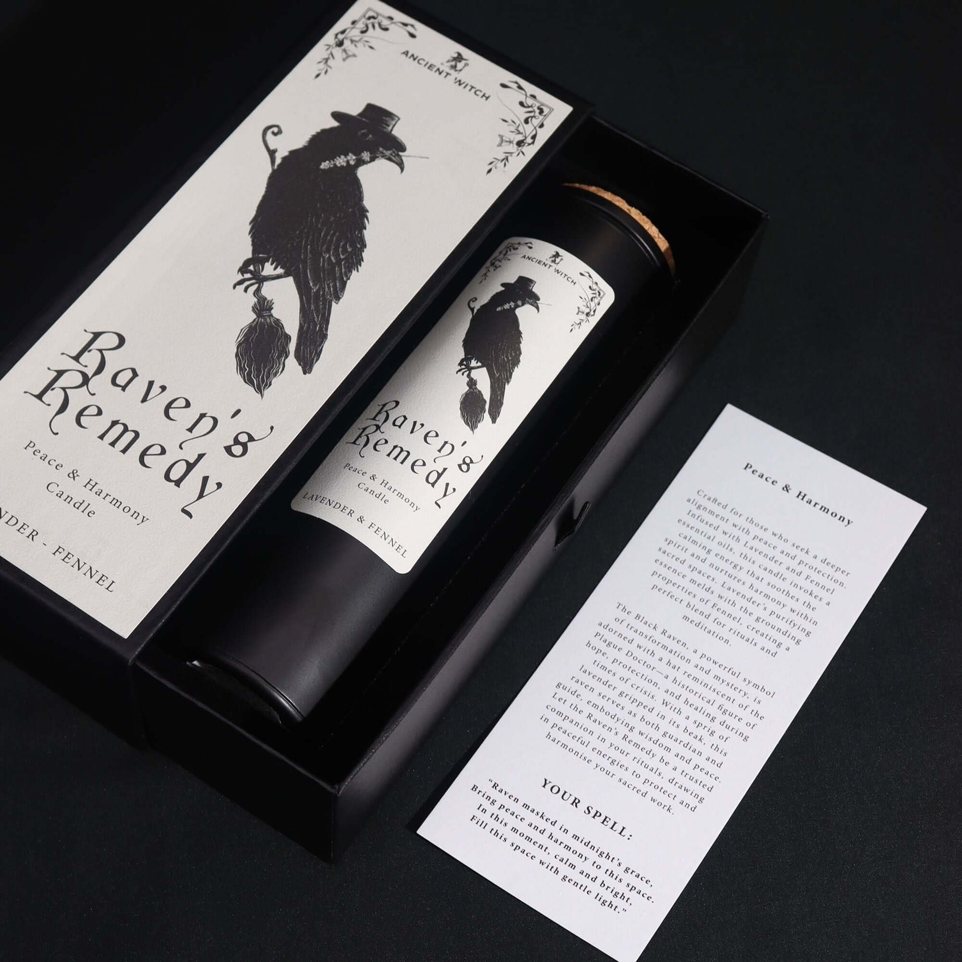 Ancient Witch Ritual Candles - Ravens' Remedy packaging, featuring a raven design and lavender & fennel scent.