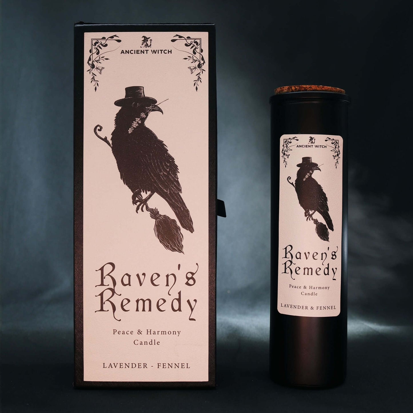 Ancient Witch Ritual Candles featuring Raven's Remedy in Peace & Harmony design with lavender and fennel fragrance.
