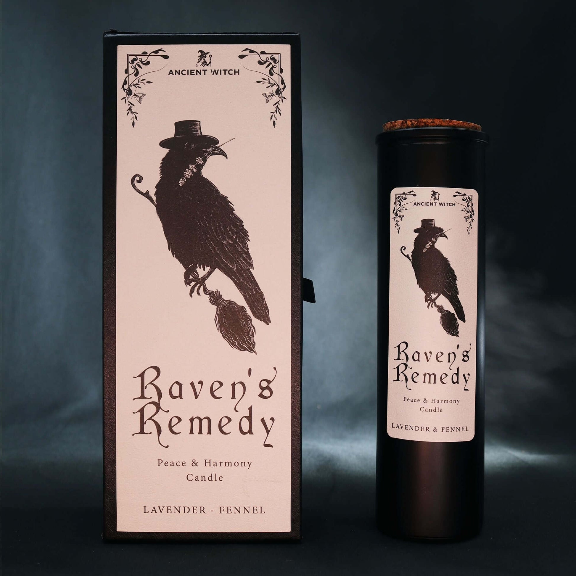 Ancient Witch Ritual Candles featuring Raven's Remedy in Peace & Harmony design with lavender and fennel fragrance.