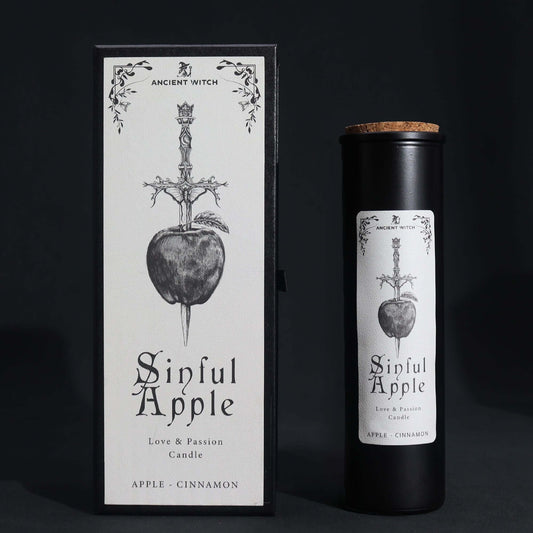 Ancient Witch Ritual Candles - Sinful Apple for love spells and confidence, featuring apple and cinnamon fragrance.