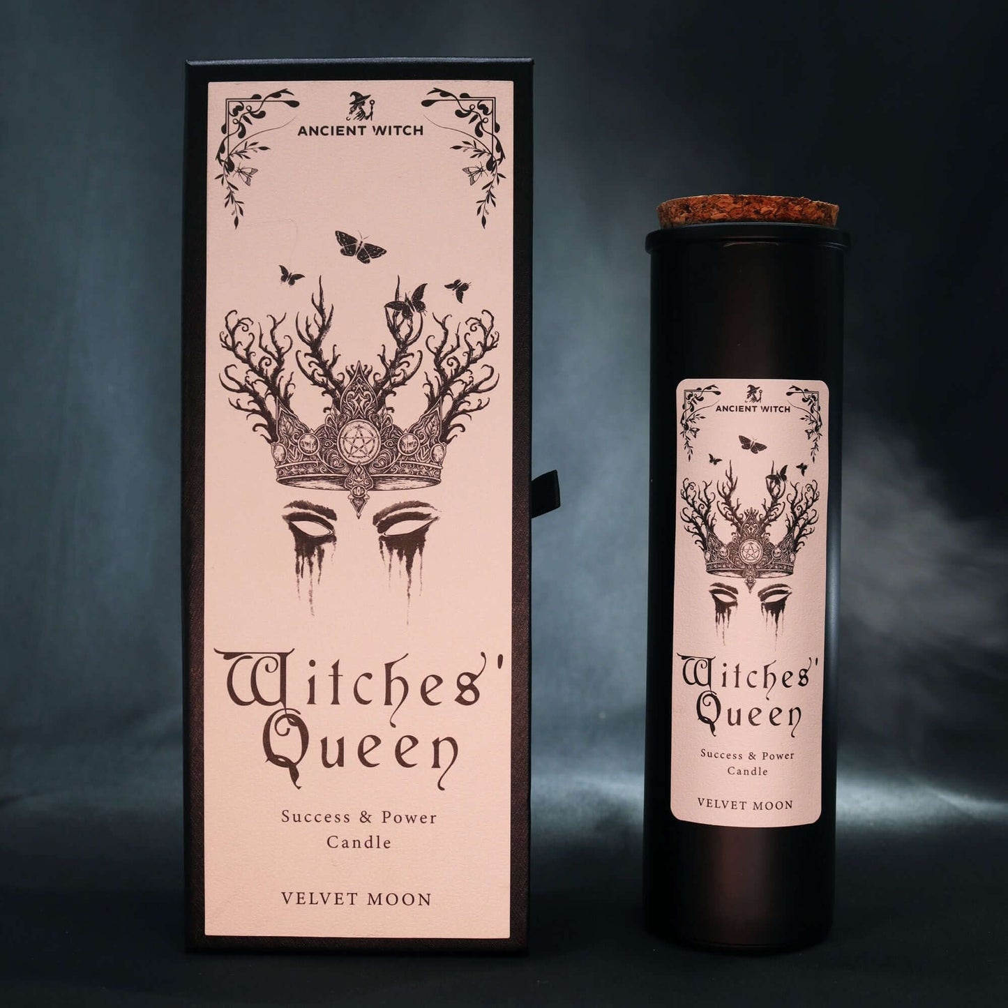 Ancient Witch Witches' Queen Ritual Candles for success and power, featuring a crown design, Velvet Moon fragrance.