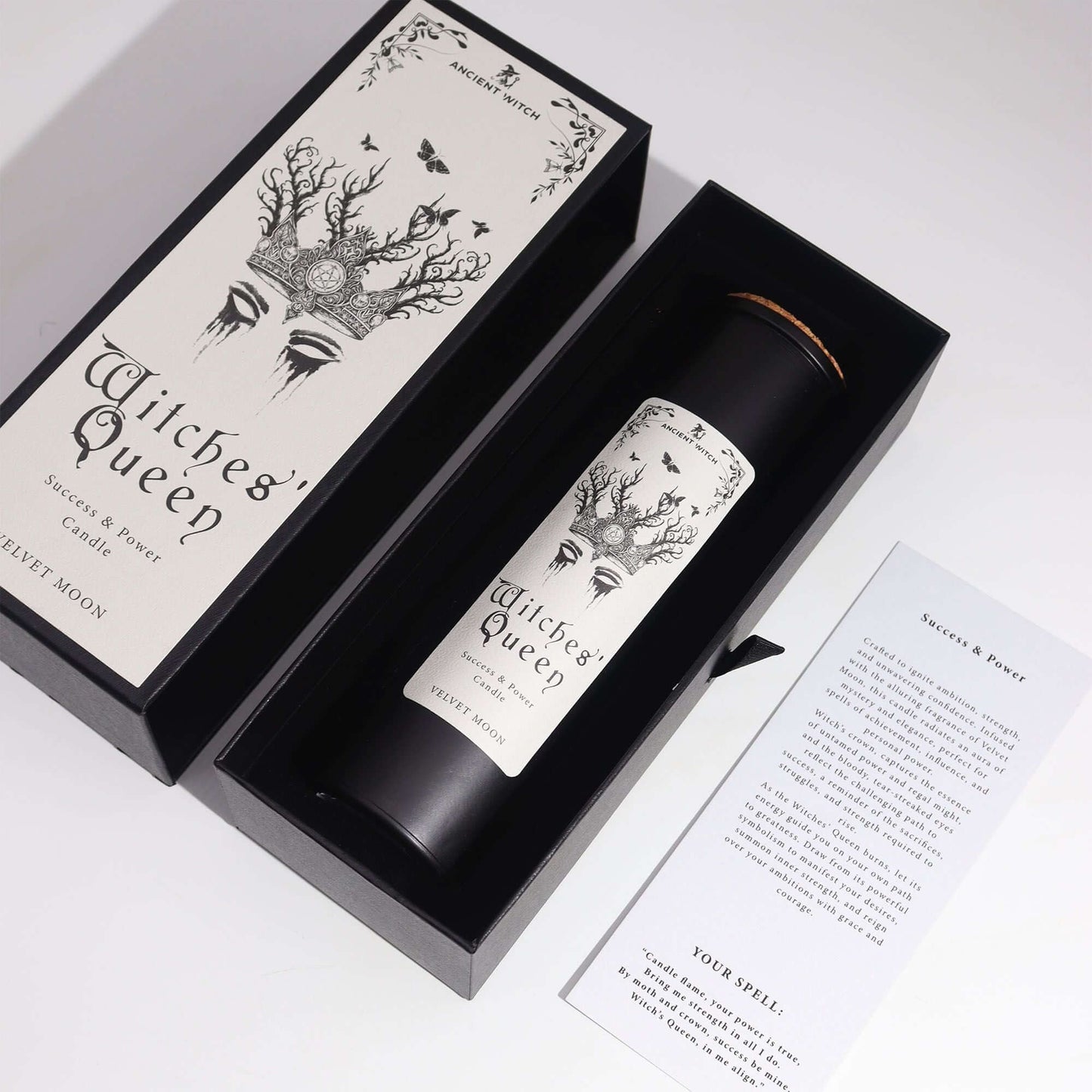 Ancient Witch Ritual Candles - Witches' Queen in elegant packaging, crafted for empowerment and success.