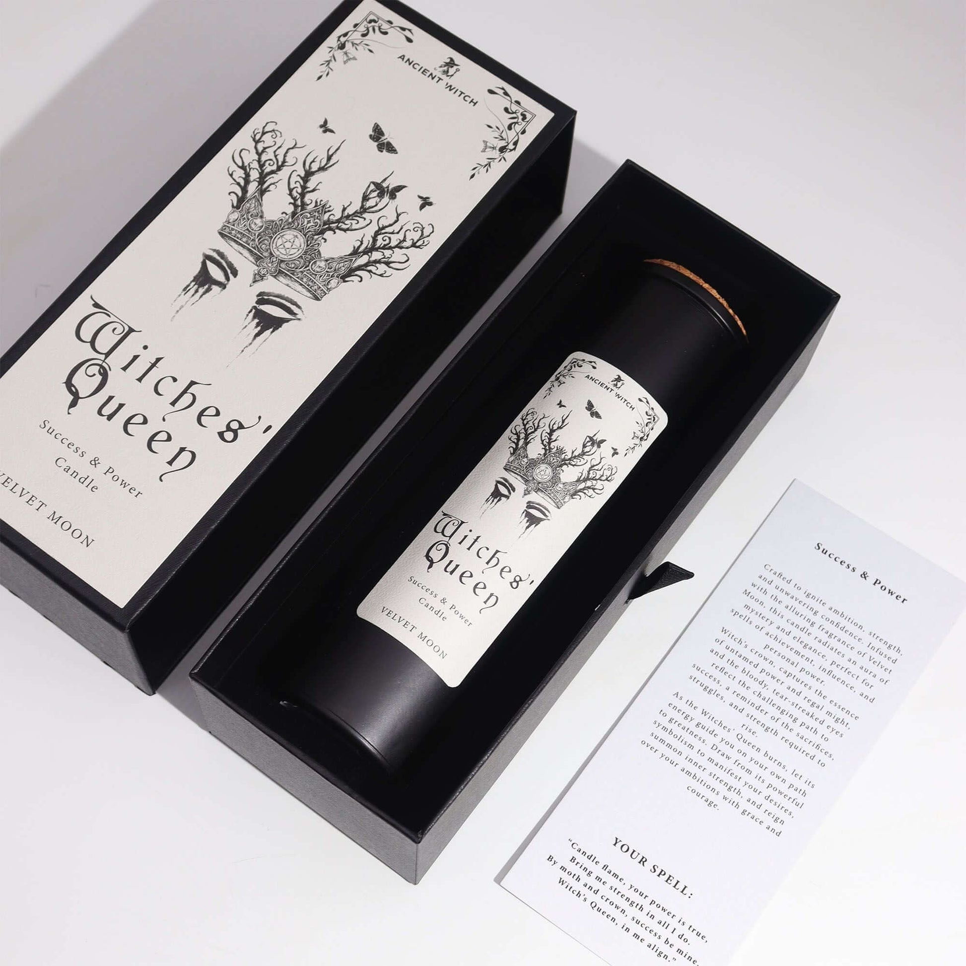 Ancient Witch Ritual Candles - Witches' Queen in elegant packaging, crafted for empowerment and success.