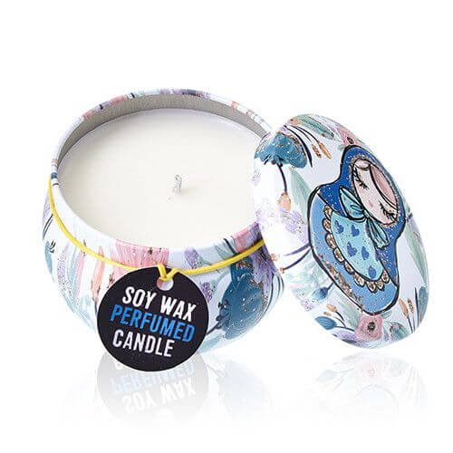 Art Tin Candle in a colorful tin featuring Russian doll design, made with eco-friendly soy wax.