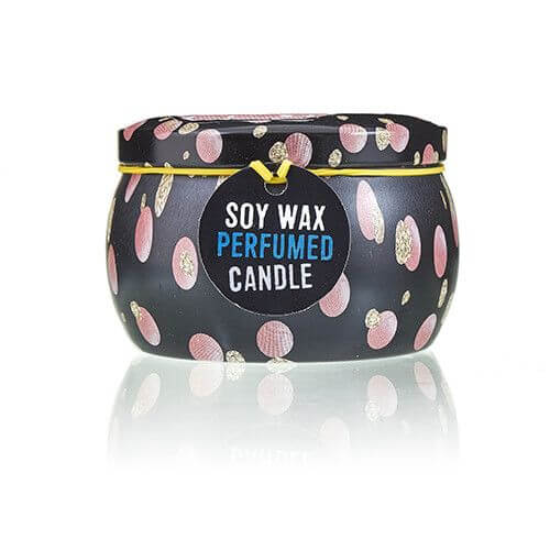 Art Tin Candle with colorful design and label reading 'Soy Wax Perfumed Candle' for home fragrance.