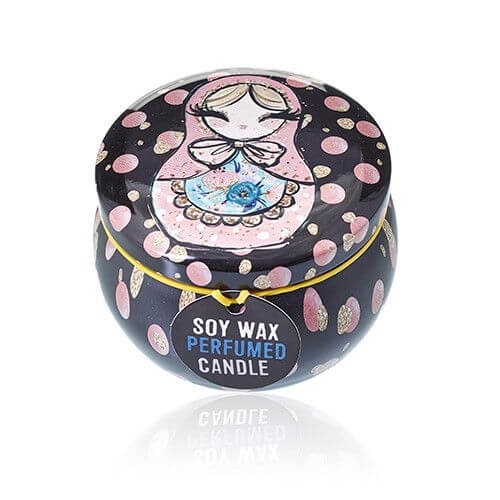 Art Tin Candle in a decorative tin featuring a Russian doll design with colorful dots.