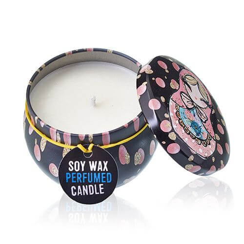 Art Tin Candle in colorful tin design with soy wax and perfume fragrance. Perfect for home decor.