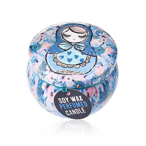 Art Tin Candle - Assorted Design with Russian Dolls in blue floral pattern and soy wax, perfect for home decor.
