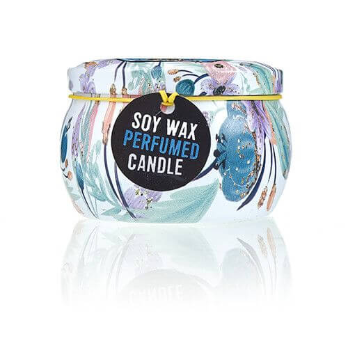 Art Tin Candle with colorful floral design and a label that reads 'Soy Wax Perfumed Candle'.