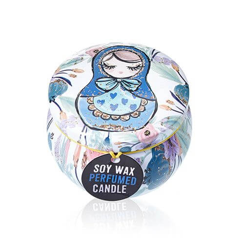 Art Tin Candle featuring a colorful design of Russian dolls in a beautiful tin container.