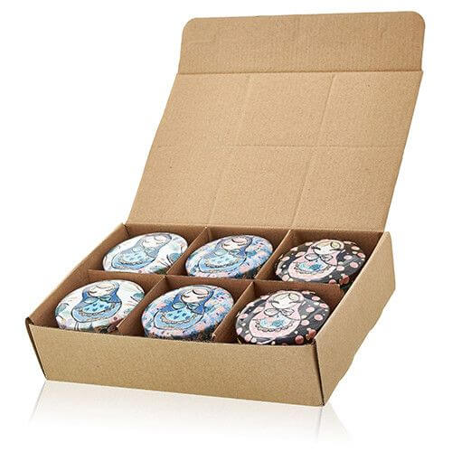 Art Tin Candle assorted designs featuring colorful Russian Dolls in a six-pack box.