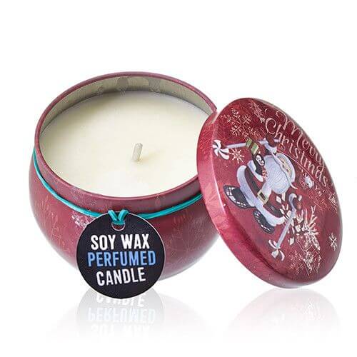 Art Tin Candle - Assorted Design - Vintage Christmas - Spiced Orange in red tin with Santa design - eco-friendly soy wax.