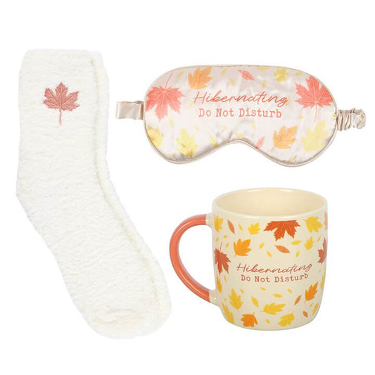 Autumn Hibernation Kit featuring a ceramic mug, fluffy socks and a satin eye mask, ideal for relaxation, Socks and Eye Mask