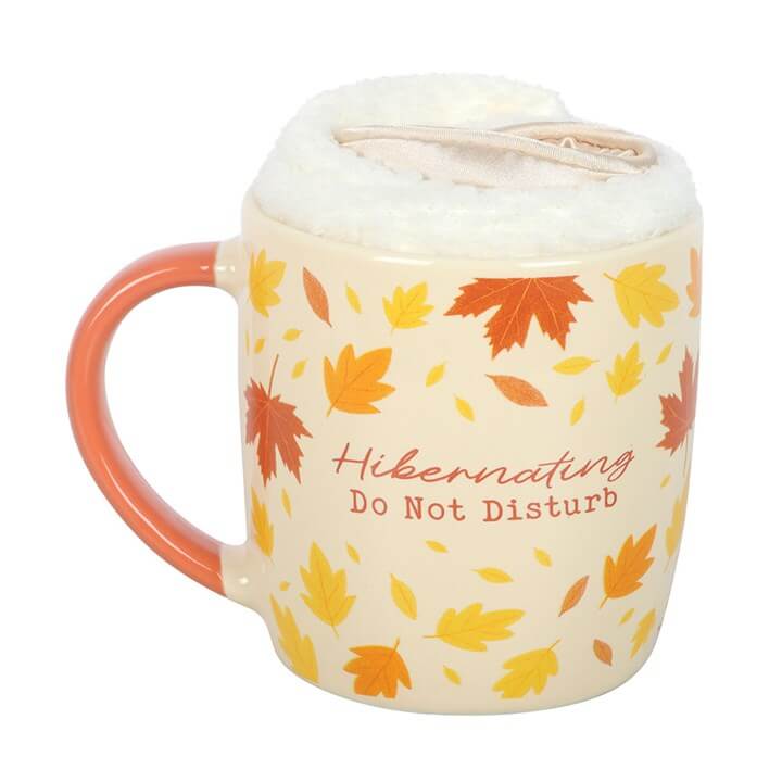 Autumn themed ceramic mug with fluffy lid and 'Hibernating Do Not Disturb' text, part of Autumn Hibernation Kit.