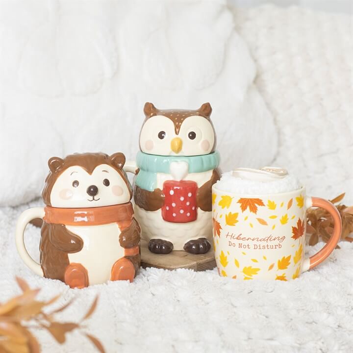 Ceramic mugs featuring a cute hedgehog, owl, and autumn-themed mug with leaves, perfect for sipping with Socks and Eye Mask.
