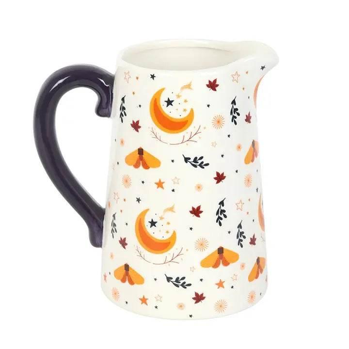 Autumn Magic Harvest Moon Print Ceramic Flower Jug featuring moon and leaf motifs, perfect for seasonal decor.